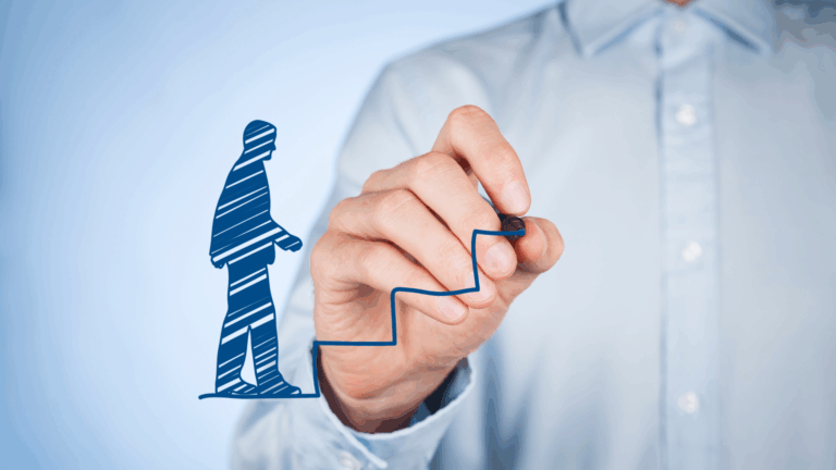 Personal development. Person writing on clear board with a drawing of a person on step 1 of staircase written with blue whiteboard marker